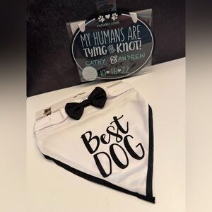 Black/white "Best Dog" Bandana along w/chalkboard announcement for boy dog.